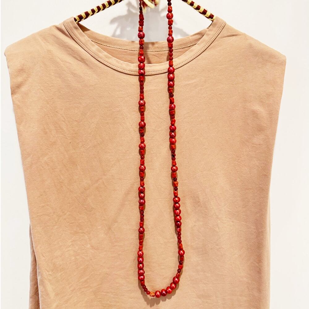 Long Red Beaded Necklace Dyed Stone & Glass Pearls